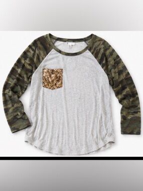 Womens Gray Raglan Long Sleeve Tee with Camo Sleeves and Sequin Pocket